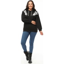 Ebsumu Kadın Büyük Beden Fitilli Örme Dantel Detaylı Siyah Sweatshirt