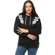 Ebsumu Kadın Büyük Beden Fitilli Örme Dantel Detaylı Siyah Sweatshirt