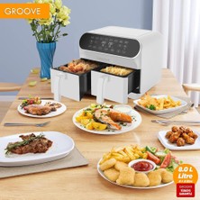 Groove Max Plus Xxl 1800W (4lt+4lt) 8lt Çift Hazneli Smart Airfryer Air Fryer Yağsız Sıcak Hava Fritözü Beyaz