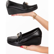 ARTI ARTI AYAKKABI ARTI-ARTI014-14501-T  Hakiki Deri Ortopedik Platform Topuk Kadın Bağsız Hakiki Roc Siyah Ayakkabı