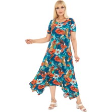 Melsay Butik Yeşil Papağan Desen Asimetrik Kısa Kollu Elbise