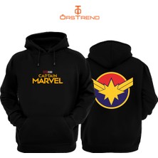 Ors Trend Captain Marvel Baskılı 3 Iplik Unisex Siyah Kapişonlu Sweatshirt