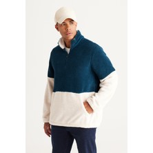Altınyıldız Classics Erkek Petrol Tas Standart Fit Dik Bato Yaka Kanguru Cepli Çift Renkli Sherpa Polar Sweatshirt