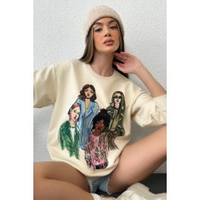 Zaroli Kadın Oversize Baskılı Ribanalı Örme Sweatshirt