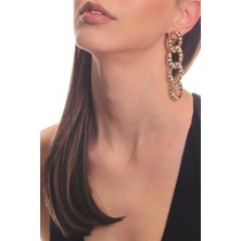 Labalaba Kadın Altın Renk Zirkon Taşlı Geçmeli Zincir Formlu Çivili Model Küpe