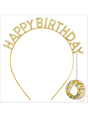 Süsle Bebek ve Parti Kristal Taşlı, Metal Happy Birthday Taç - Altın