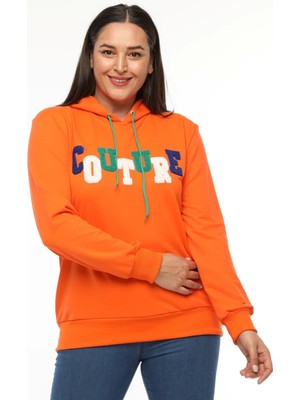 Ebsumu Kadın Büyük Beden Couture Yazılı Turuncu Sweatshirt