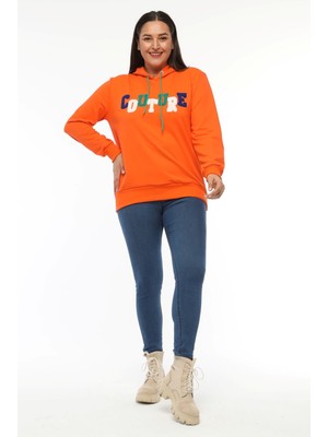 Ebsumu Kadın Büyük Beden Couture Yazılı Turuncu Sweatshirt