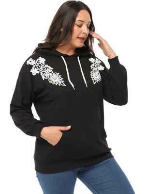 Ebsumu Kadın Büyük Beden Fitilli Örme Dantel Detaylı Siyah Sweatshirt