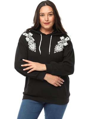 Ebsumu Kadın Büyük Beden Fitilli Örme Dantel Detaylı Siyah Sweatshirt