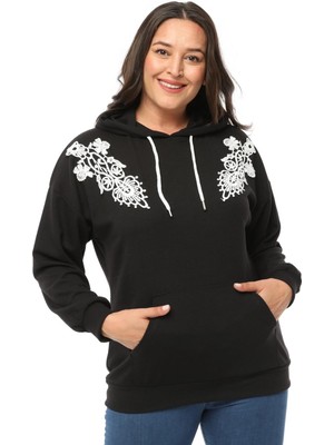 Ebsumu Kadın Büyük Beden Fitilli Örme Dantel Detaylı Siyah Sweatshirt