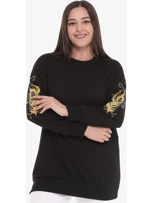 Ebsumu Kadın Büyük Beden Kolu Nakışlı Siyah Sweatshirt