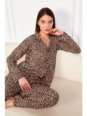 Ecrou Kadın Leopar Süet Düğmeli Bebe Yaka Uzun Kol Uzun Alt Pijama Takım