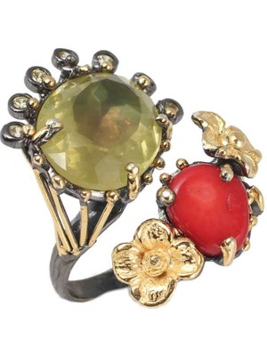 Nusret Takı 925 Ayar Gümüş Sitrin ve Mercan Taşlı Yüzük