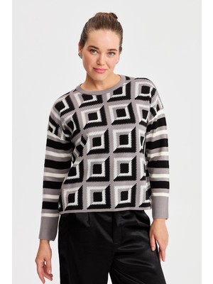 Twomail Kadın Kare Desenli Bluz 22155 Gri