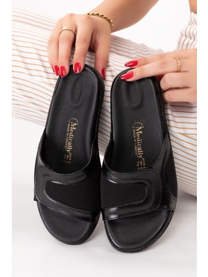 ARTI ARTI AYAKKABI ARTI-ARTI020-5002 Ortopedik Topuk Dikeni&kemik Çıkıntısı Fonksiyonlu Kadın Siyah Kırışık Rugan Terlik