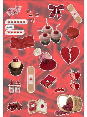 Anime Marketi Red Aesthetic Sticker Seti - Ajanda - Laptop - Telefon Sticker Seti 17 Adet