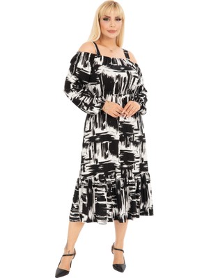 Melsay Butik Siyah Fırça Desen Madonna Yaka Uzun Kollu Midi Elbise