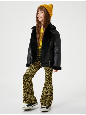 Koton Kız Çocuk Deri Görünümlü Suni Kürk Yaka Detaylı Fermuarlı  Biker Ceket 4WKG20013AW