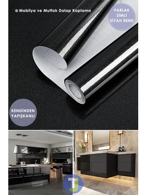Technojet Kendinden Yapışkanlı Simli Siyah Mutfak Banyo Tezgah Duvar Dolap Masa Kaplama 60CMX300CM