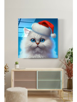 Hinora Noel Şapkalı Kedi Cam Tablo, Dekoratif Cam Tablo