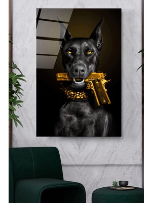 Hinora Doberman Gold Cam Tablo, Dekoratif Cam Tablo