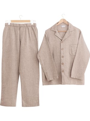 Ecocotton Melsa Erkek Pijama Takımı  Organik Pamuk Müslin Bej