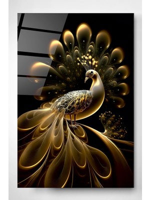 Hinora Gold Tavus Kuşu Cam Tablo, Dekoratif Cam Tablo