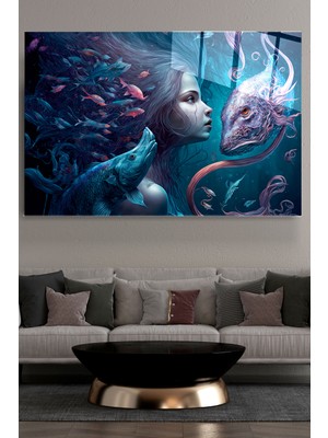 Hinora Mermaid And Fishes Cam Tablo, Dekoratif Cam Tablo