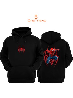 Ors Trend Spiderman Baskılı 3 Iplik Unisex Siyah Kapişonlu Sweatshirt