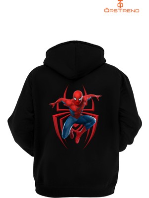 Ors Trend Spiderman Baskılı 3 Iplik Unisex Siyah Kapişonlu Sweatshirt