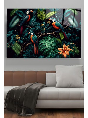 Hinora Green Birds Cam Tablo, Dekoratif Cam Tablo