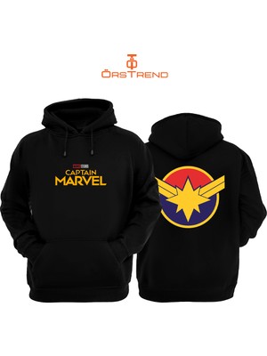 Ors Trend Captain Marvel Baskılı 3 Iplik Unisex Siyah Kapişonlu Sweatshirt