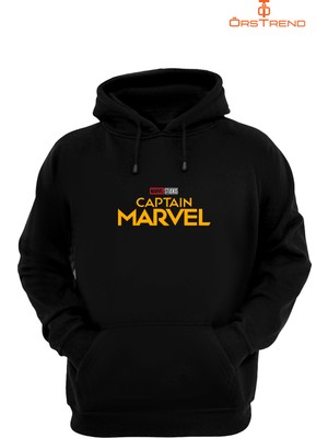 Ors Trend Captain Marvel Baskılı 3 Iplik Unisex Siyah Kapişonlu Sweatshirt