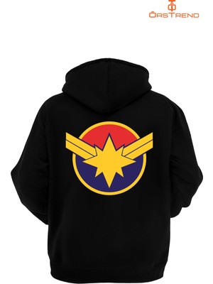 Ors Trend Captain Marvel Baskılı 3 Iplik Unisex Siyah Kapişonlu Sweatshirt