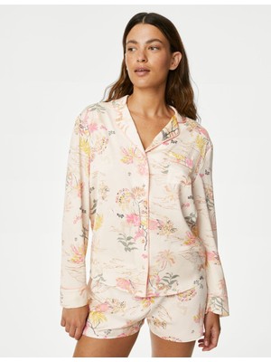 Marks & Spencer Dream Satin™ Yaprak Desenli Uzun Kollu Pijama Üstü