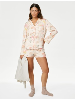 Marks & Spencer Dream Satin™ Yaprak Desenli Uzun Kollu Pijama Üstü