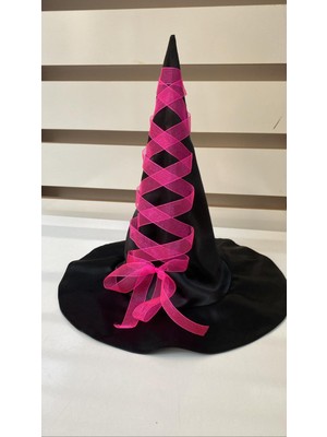 Butik Happy Kids Kız Çocuk Siyah Saten Fuşya Kurdeleli Cadı Şapkası Hallowen