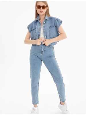 Zaroli Kadın Mavi Yüksek Bel Mom Jean Crop Yelek Alt Üst Denim Takım