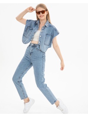 Zaroli Kadın Mavi Yüksek Bel Mom Jean Crop Yelek Alt Üst Denim Takım