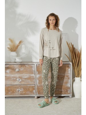 Kadın Uzun Kol Jakarlı Kalın Bej Melanj Pijama Takımı C1T5N0O93
