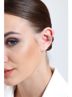 Aurrari Kadın Gold Zirkon Taşlı Lotus Çiçeği Earcuff Küpe