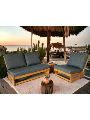 Zerka Concept Nepal Bahçe Balkon Masif Kestane Ahşap Koltuk 1 Adet Tekli 1 Adet ikili Koltuk Antrasit Gri