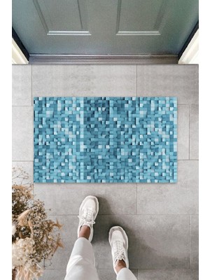 Dış ve Iç Mekan Mavi Kapı Önü Paspası Küçük Kareler Desen Paspas