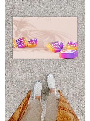 Dijital Baskı Dekoratif Instagram Pembe Kapı Önü Paspası