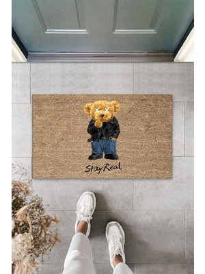 Dış ve Iç Mekan Bej Kapı Önü Paspası Stay Real Ayıcık Desen Paspas