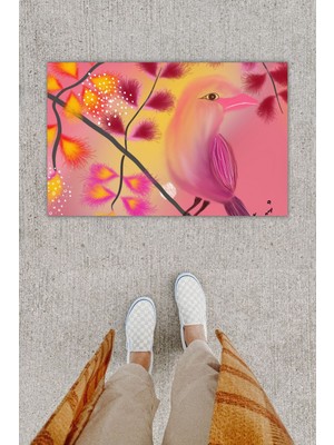 Dijital Baskı Dekoratif Kuş Fuşya Kapı Önü Paspası