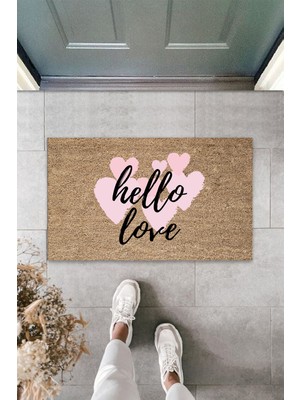 Dış ve Iç Mekan Pembe Kapı Önü Paspası Hello Love Desen Paspas
