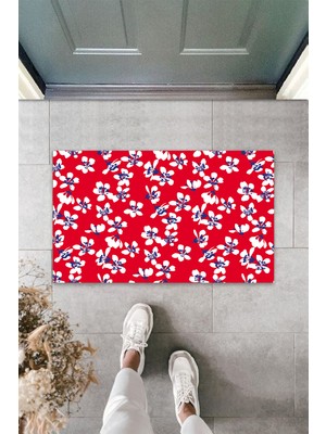 Dekoratif Dijital Minik Çiçekler Kırmızı Kapı Paspası Dış Mekan Paspas