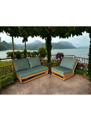 Zerka Concept Nepal Bahçe Balkon Masif Kestane Ahşap Koltuk 1 Adet Tekli 1 Adet ikili Haki Yeşil